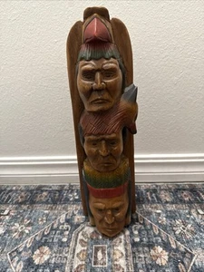 Native American Tribal 3-Face, Eagle TOTEM POLE Hand Carved/Painted 16 Inches - Picture 1 of 9