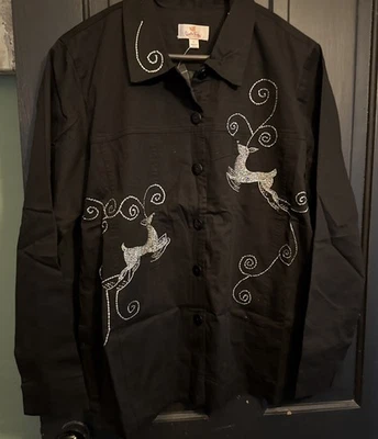 The Quacker Factory Black Stretch  Silver embroidered reindeer Womens Sz Lg NWT  - Image 1 of 4