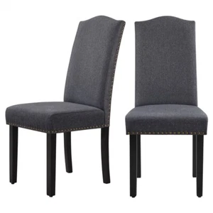 Wood Classic Dining Chairs Set of 2 Fabric Upholstered Tall Back Kitchen Chair - Picture 1 of 12