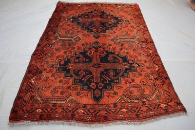 Tapete tribal afegão vintage 3x4 - Design geométrico ferrugem e marinho - Tapete feito à mão. - Imagem 1 de 4