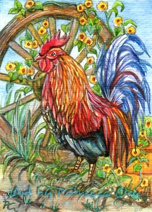 ACEO LE Art Card Print 2.5x3.5" Rooster By Wheel Garden Animal Art by Patricia - Picture 1 of 1