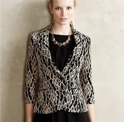 Chaqueta Blazer Anthropologie Cartonnier Felicia Encaje Negra Tostada Mangas 3/4 Pequeña Foto 1 de 4