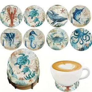 8-Piece Summer Ocean Wooden Coaster Set Heat-Resistant Non-Slip - Picture 1 of 3