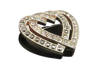 MMA 925 Silver Vintage Cubic Zirconia & Marcasite Hearts Brooch Pin BP3298 - Picture 1 of 5