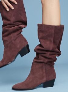 Anthropologie Charlotte Stone Lea Slouched Boots Purple Plum Suede Tall 7 NEW