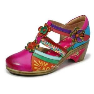 Neue handgefertigte dicke Mary Jane Damen-Sandalen Echtleder Streifen Paste Schuhe - Bild 1 von 23