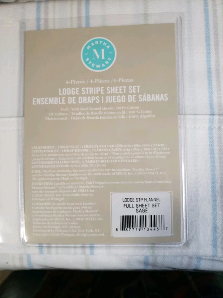 Juego de sábanas Martha Stewart tamaño completo 100 % algodón bolsillo profundo - Lodge Stripe Sage Foto 1 de 1
