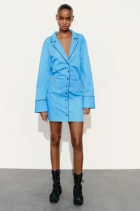 Zara Blue Poplin Cotton Mini Shirt Dress Long Sleeve - Size XS NEW - Picture 1 of 10