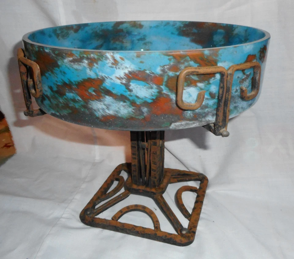 GRANDE COUPE A FRUITS Art Déco FER FORGE et VERRE  PATE DE VERRE - Photo 1/4