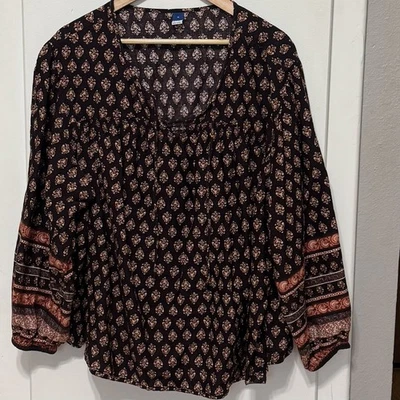 Old Navy 衬衫女式 XL 棕色橙色花卉波西米亚农民束腰外衣 3/4 袖 — 第 1/4 张图片