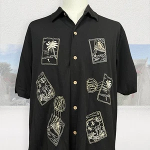 Havanera Co Guayabera Cuban Shirt Men XL Black Gold Embroidered Palm Tree Beach - Picture 1 of 22