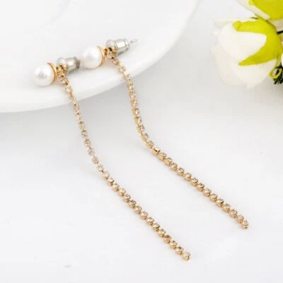 New 18K Gold Plated Crystal Tassel 5mm Cute Pearl Stud Earrings Stunning Gifts - Image 1 of 4