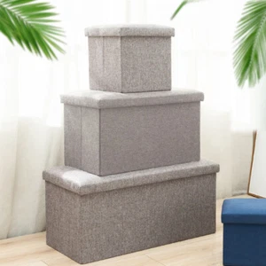 Large Linen Pouffe Double Seat Foot Stool Storage Boxes Folding Storage Ottoman - Picture 1 of 13