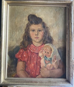 ::PINTURA AL ÓLEO RETRATO NIÑA CON MUÑECA SONRISA NIÑO PESADOR PACÍFICO 1944 - Imagen 1 de 10