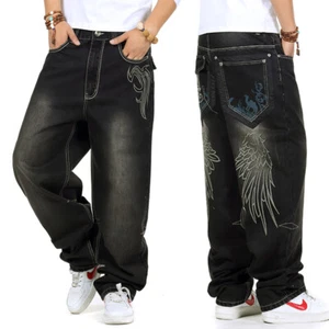 Big & Tall Mens Jeans Relaxed Fit Loose Pants Embroidery Black Plus Size 32W-46W - Picture 1 of 13