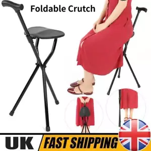 2-in-1 Walking Cane with Seat,Folding Cane Chair, Portable Crutch Chair Black UK - Picture 1 of 12