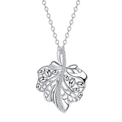 European Women CZ Maple Leaves Pendant Necklace Chain Jewelry Silver Plated - Image 1 of 4
