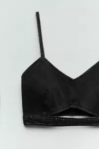 NEW Zara Bralette Crop Top Womens Size Large Black Denim Rhinestone Beaded - Picture 1 of 4