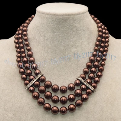 Collar 3 filas multicolor con cuentas redondas de perlas concha en capas 17-19"" 8-10-12 mm Foto 1 de 4