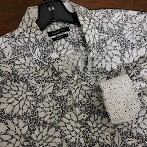 Bugatchi Classic Fit Chalk Black White Floral Flip Cuff Shirt Mens L Button Up - Picture 1 of 12