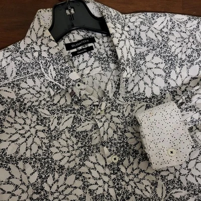 Bugatchi Classic Fit Chalk Black White Floral Flip Cuff Shirt Mens L Button Up - Image 1 of 4