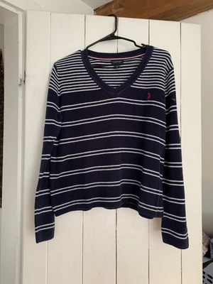 Suéter para mujer US Polo Assn azul marino y blanco a rayas cuello en V talla XXL Foto 1 de 3