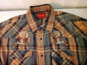 RUSTLER Vintage Mens Size Large Plaid Button-Front Shirt w/ Dancing Skeltons - Picture 1 of 12
