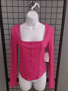 Love Wish Top Juniors Medium Ribbed Pink Square Neck Long Sleeve Stretchy Shirt  - Picture 1 of 5