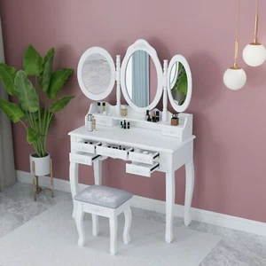Dressing Table Wooden White 7-Drawers Tri-fold Mirror Makeup Desk Stool Bedroom - Picture 1 of 9