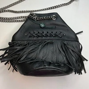 Lauren Ralph Lauren Black Leather Bucket Bag w/ Fringe Details & Silver Strap - Picture 1 of 6