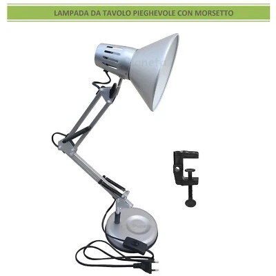 Lampada da tavolo argento luce led E27 in metallo orientabile con morsetto  - Immagine 1 di 4