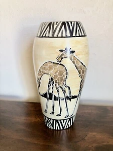 Vintage Kenyan Soapstone Carved Vase with Giraffe Pair Decor - Picture 1 of 5