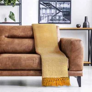 100% recycled Cotton Yellow herringbone Sofa Bed Throw Blanket Fringe - Picture 1 of 1