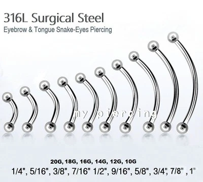 20G 18G 14G 12G 10G Steel Curved Barbell Eyebrow Ring Tongue Snake-Eyes Piercing - Image 1 of 2