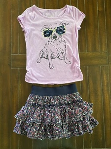 Justice Girls Shirt Short/Skort Outfit Sz 10 Purple Floral Dog Sunglasses Ruffle - Picture 1 of 12