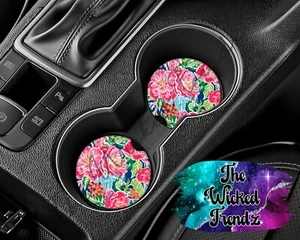 Pink Bright Floral Tropical Flowers Car Coasters Set Of 2 Cup Holder Car Gift - Picture 1 of 4