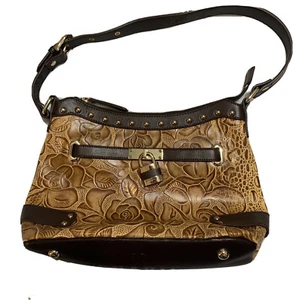 Sharif Embossed Floral/Croco Brown Leather Satchel Shoulder Handbag Bag Purse - Picture 1 of 8