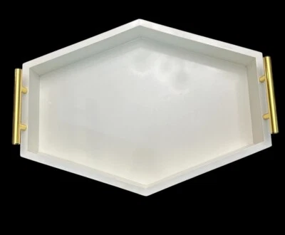 Uniek Inc Hexagon White Vanity Or Decorative Tray W/Gold Metal Handles 16” X 12” - Image 1 of 4