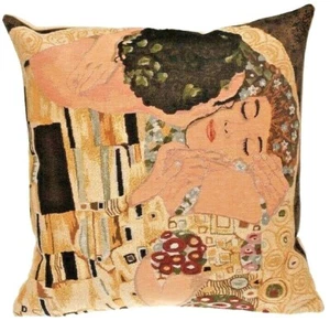 BELGIAN TAPESTRY KLIMT THE KISS CUSHION PILLOW COVER WITH LUREX/GOLD THREAD, 18" - Picture 1 of 6