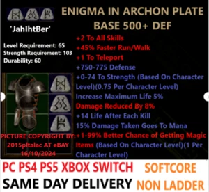 ✅ PC PS4 PS5 XBOX SWITCH✅ Enigma Archon 500+ base D2R Diablo 2 Resurrected Items - Picture 1 of 1
