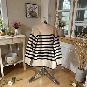 H&M Women Oversized Cream Striped Knit Turtleneck Pullover Sz L Cozy New $109.99 - Picture 1 of 9