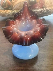Victorian Oxblood Jack In The Pulpit Hobnail Opalescent Ice Blue Base Vase EXC. - Picture 1 of 16