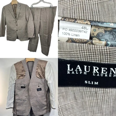 Lauren Ralph Lauren 100% Linen Glen Check 48L 42x30 Cuffed Pants Gray - Image 1 of 4