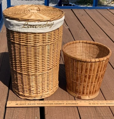 VTG Tall Round Wicker Laundry Hamper w/Lid 13x20” +Waste Basket +Liner NICE - Image 1 of 4