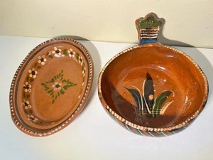 2 Vintage Mexican Red Clay Pottery Dish & Bowl Set Hand Painted - Picture 1 of 12