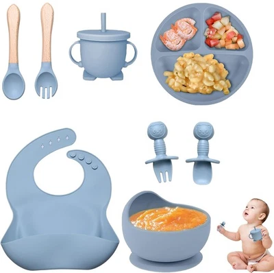 Baby Teller Kindergeschirr Sets, 8 Stücke Silikon Baby Geschirrset Mit Saugnapf - Bild 1 von 4