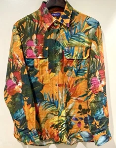 Ralph Lauren PURPLE LABEL Shirt Mens Orange Floral 100% Linen ITALY Size Large - Picture 1 of 9