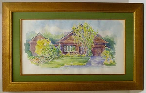 Arte enmarcado de paisaje pintura acuarela original casa de montaña fina 31,5 x 19,5 - Imagen 1 de 6