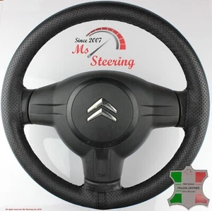 FOR CITROEN C1 05-12 BLACK PERF LEATHER STEERING WHEEL COVER BLACK DBL STIT - Picture 1 of 6