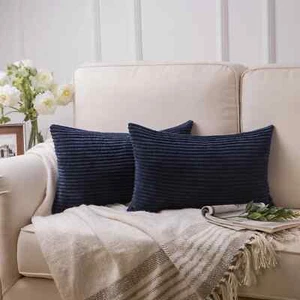 PHANTOSCOPE (2 PK)SOFT CORDUROY STRIPED VELVET DECOR PILLOW COVER,BLUE 12" x 20" - Picture 1 of 3